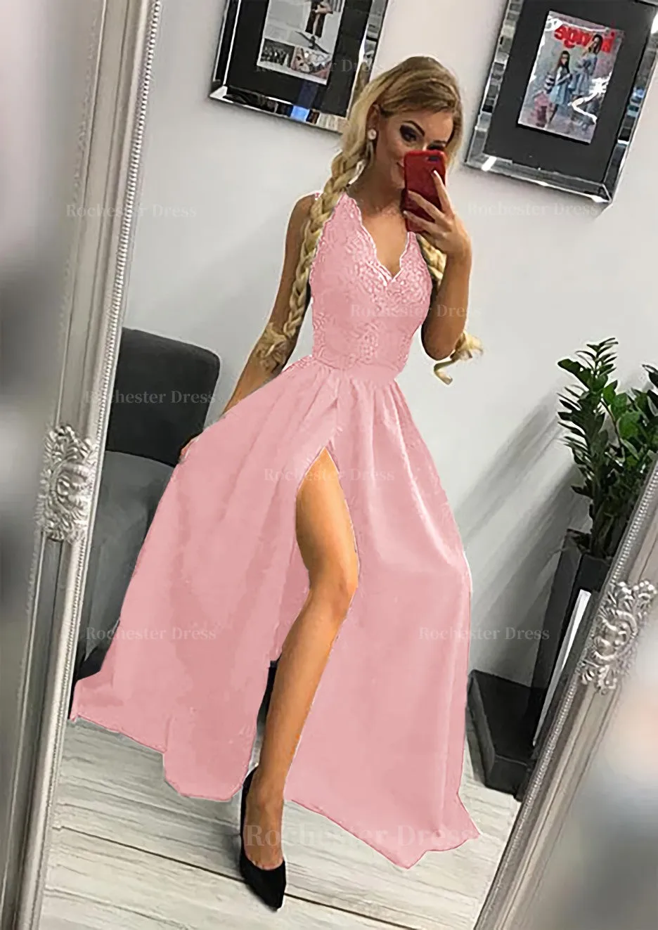 A-line/Princess Scalloped Neck Sleeveless Long/Floor-Length Elastic Satin Prom Dress With Lace Split