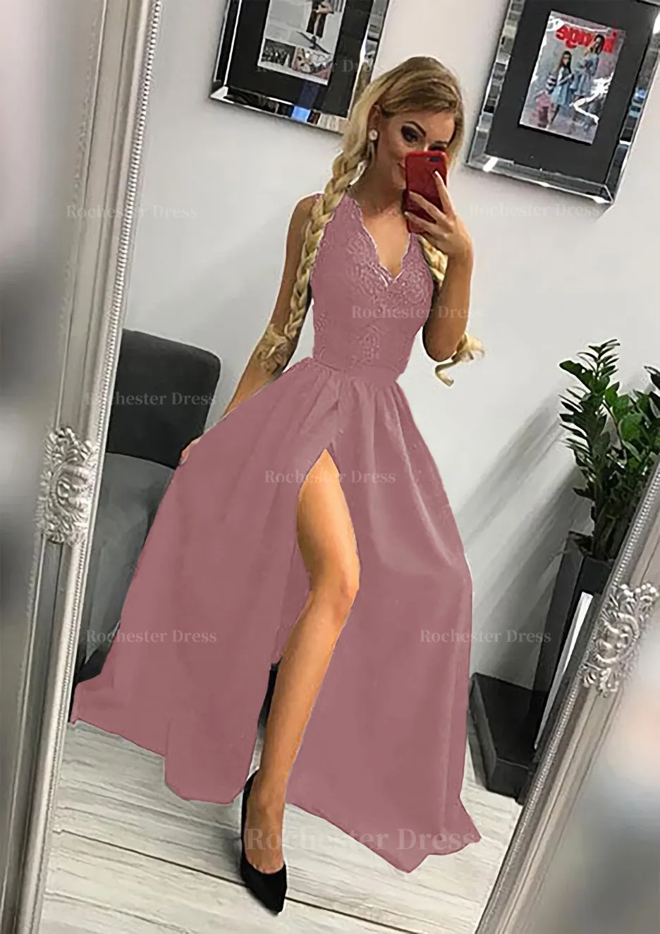 A-line/Princess Scalloped Neck Sleeveless Long/Floor-Length Elastic Satin Prom Dress With Lace Split