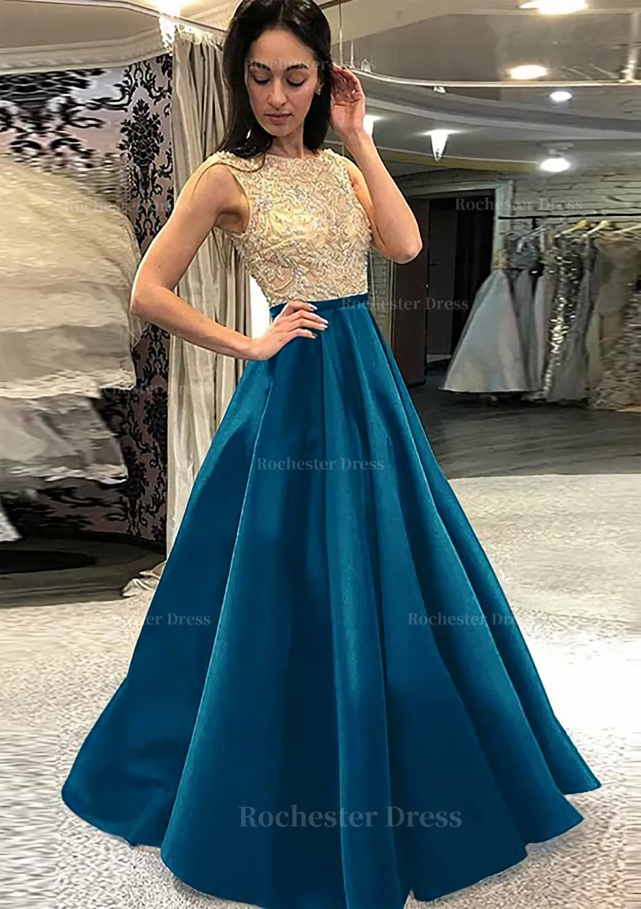 A-line/Princess Scoop Neck Sleeveless Long/Floor-Length Satin Prom Dress With Beading