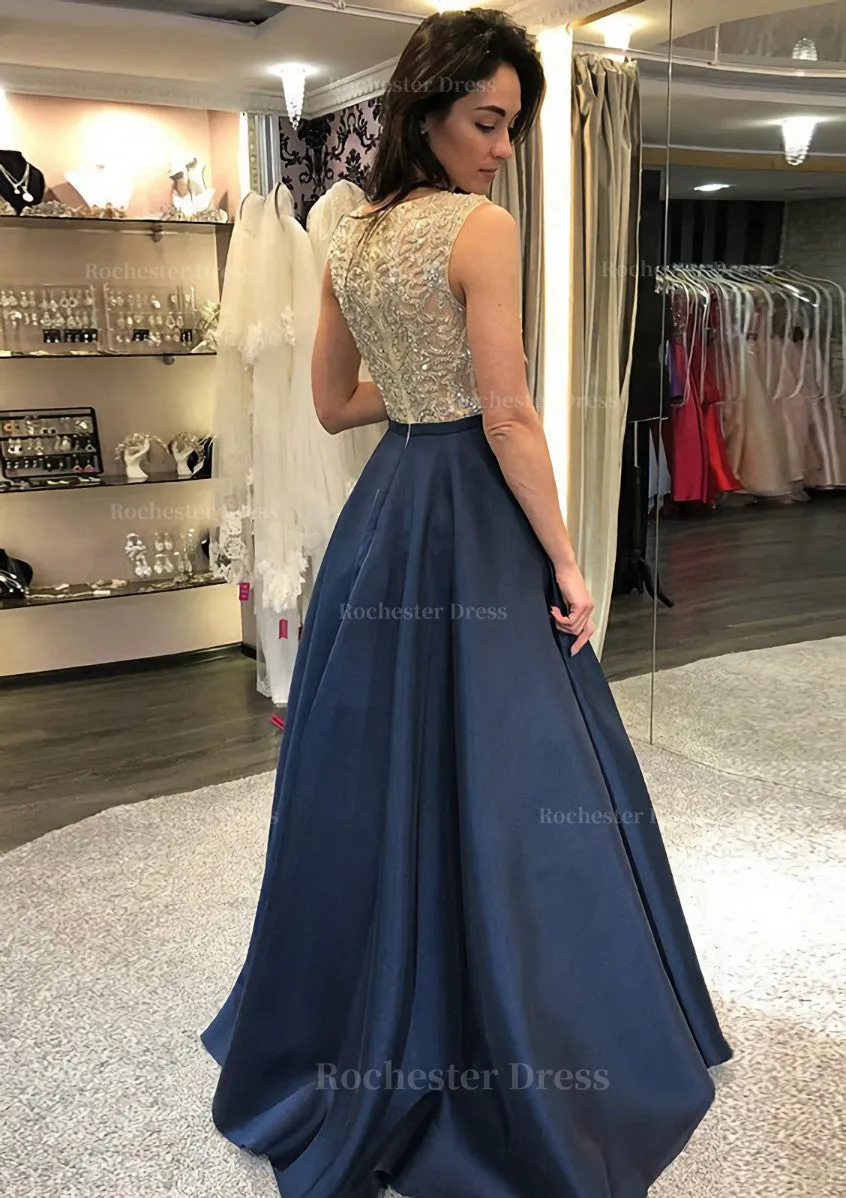 A-line/Princess Scoop Neck Sleeveless Long/Floor-Length Satin Prom Dress With Beading