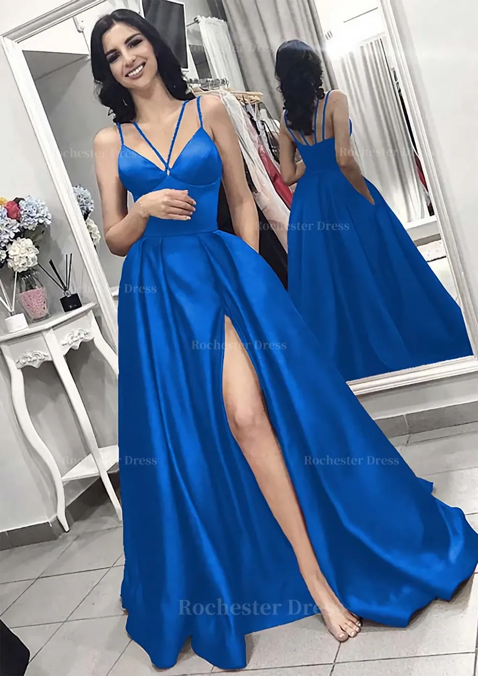 A-line/Princess V Neck Sleeveless Long/Floor-Length Elastic Satin Evening Dress With Split Pleated