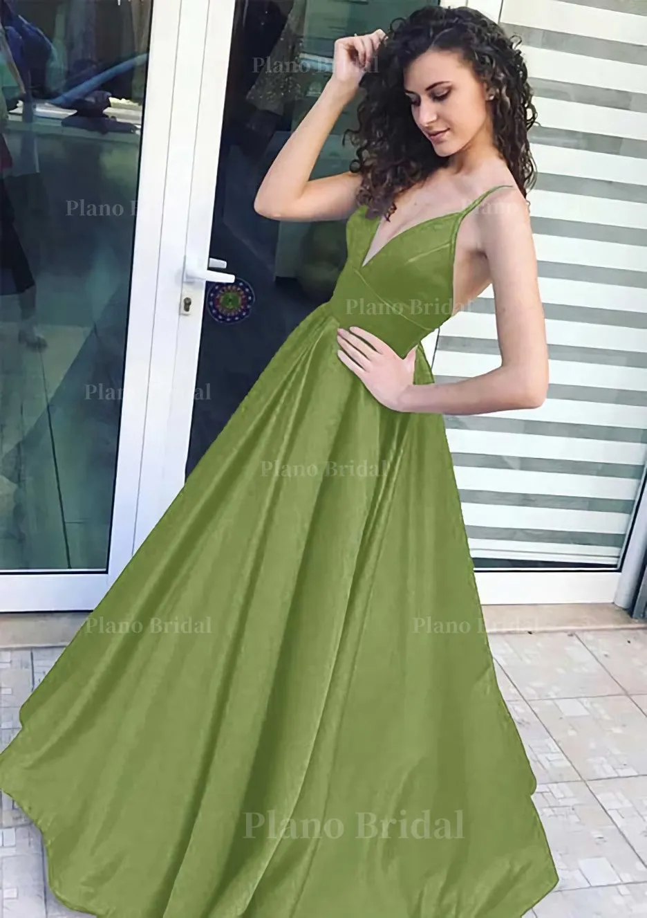 A-line/Princess V Neck Sleeveless Long/Floor-Length Satin Prom Dress