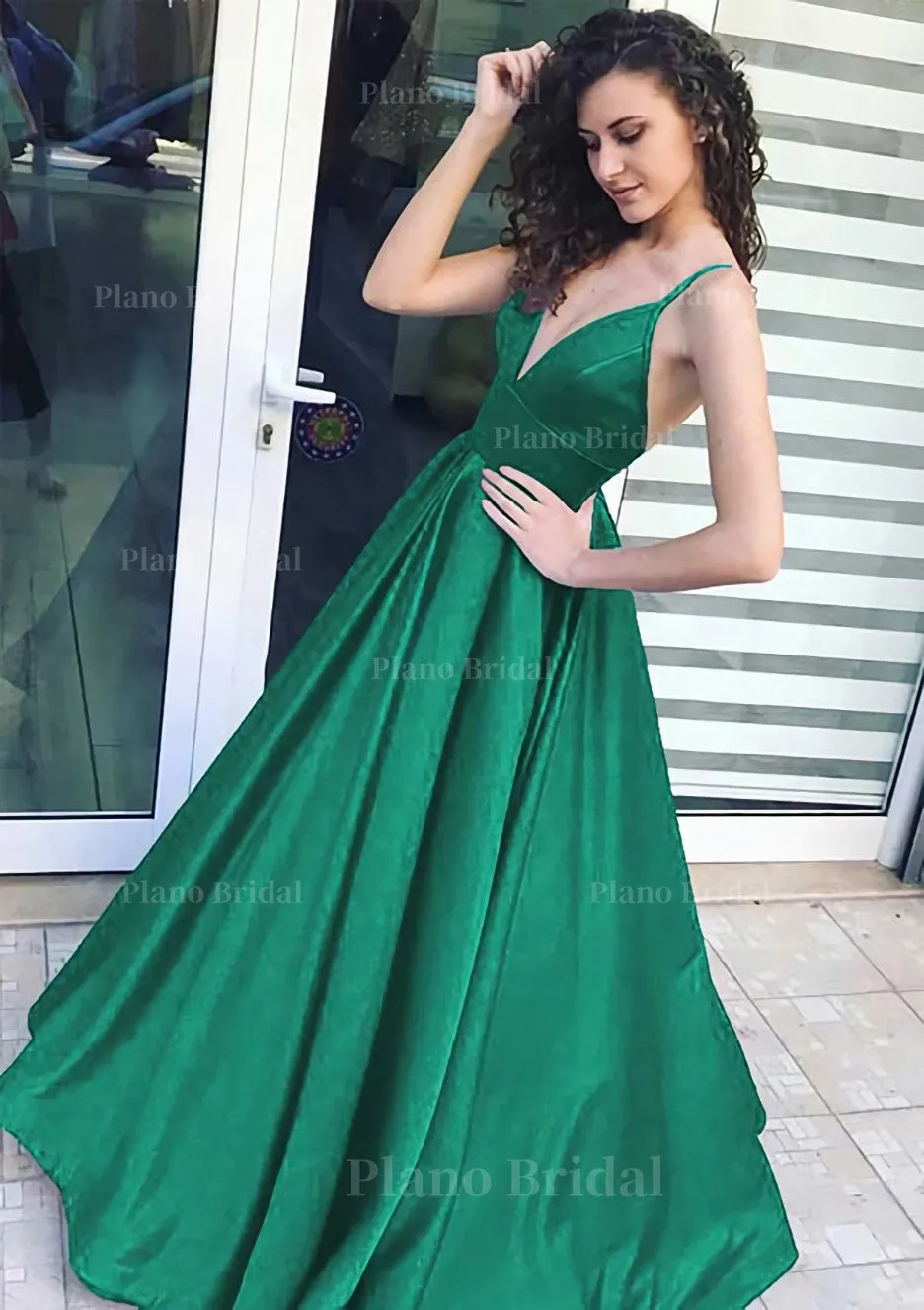 A-line/Princess V Neck Sleeveless Long/Floor-Length Satin Prom Dress