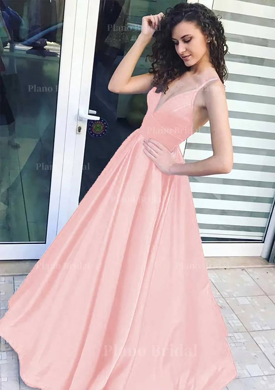 A-line/Princess V Neck Sleeveless Long/Floor-Length Satin Prom Dress