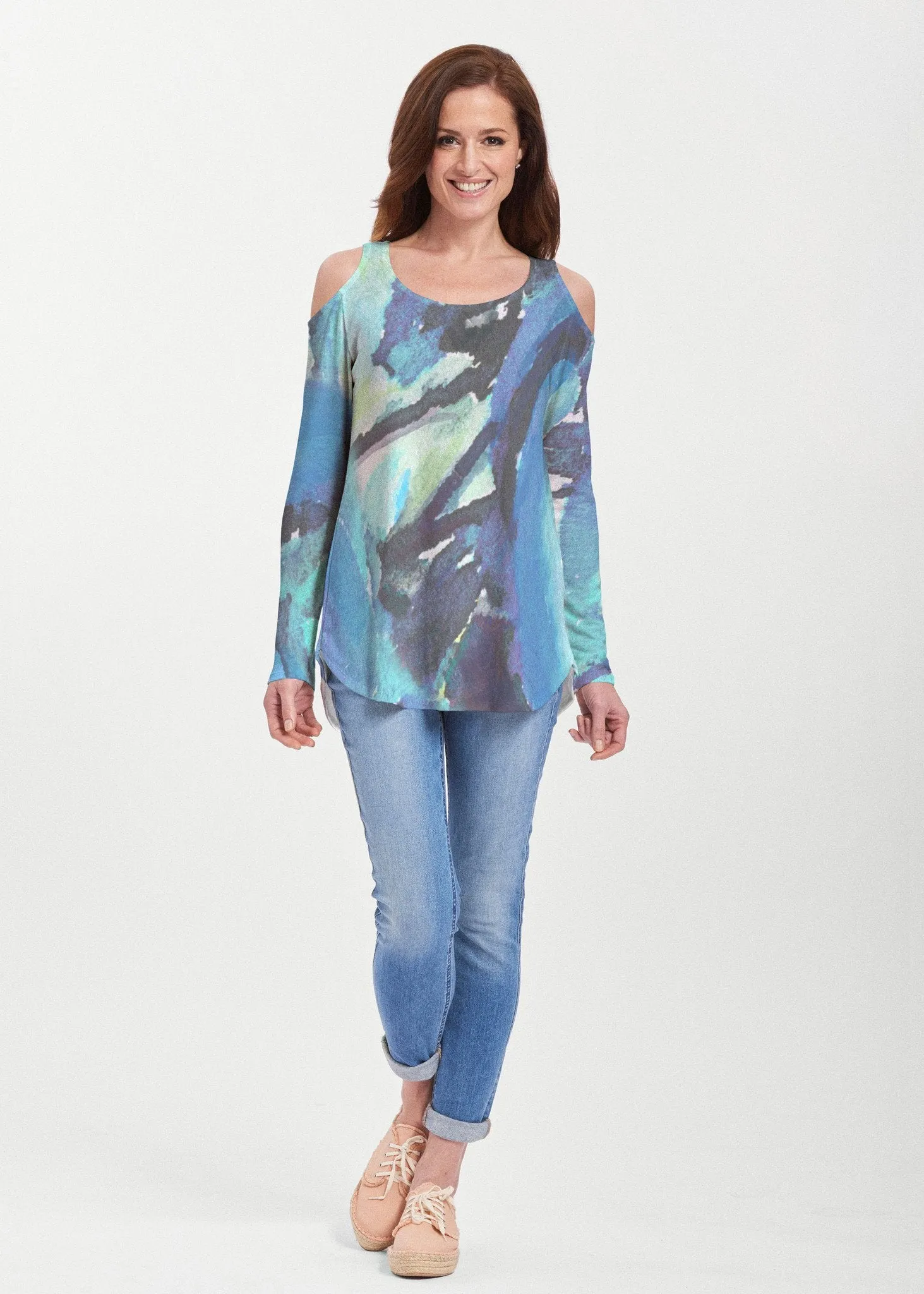 Abstract Blue (15035) ~ Cold Shoulder Tunic