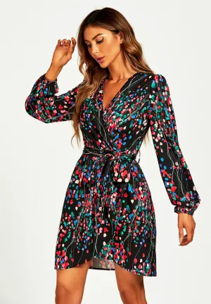 Abstract Floral Print Wrap Mini Dress In Black