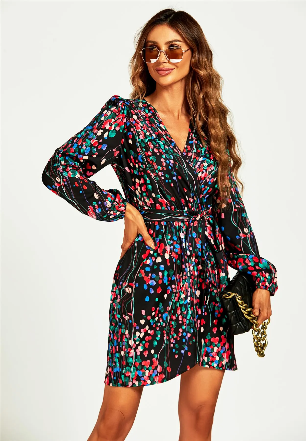 Abstract Floral Print Wrap Mini Dress In Black