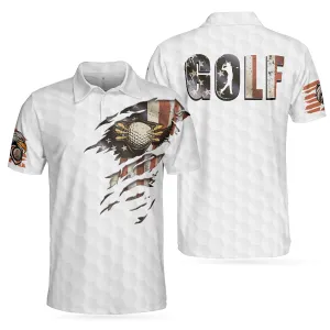 American Golfer Eagle Golf Ball Texture Polo Shirt, Ripped American Flag Polo Shirt, Patriotic Golf Shirt For Men