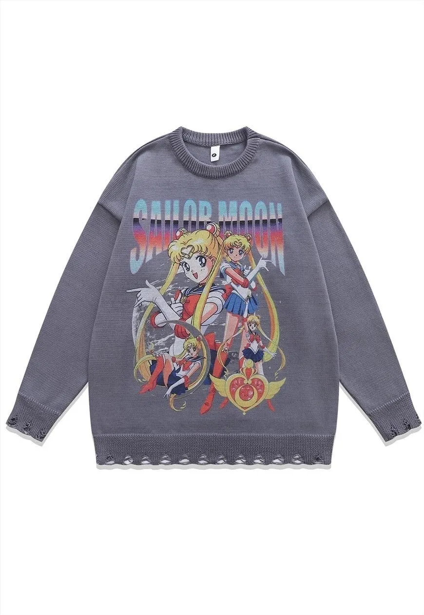 Anime sweater knitted distressed jumper beige