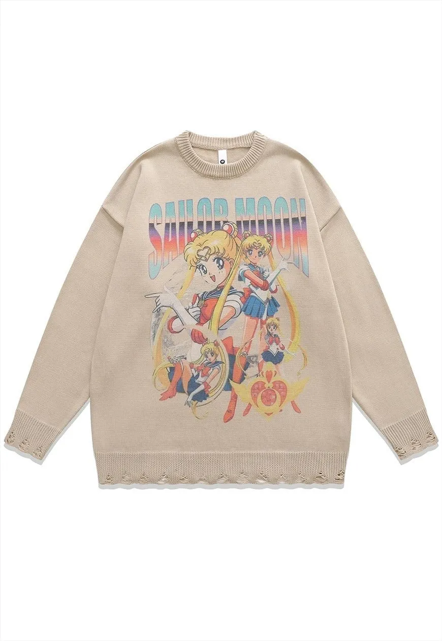 Anime sweater knitted distressed jumper beige