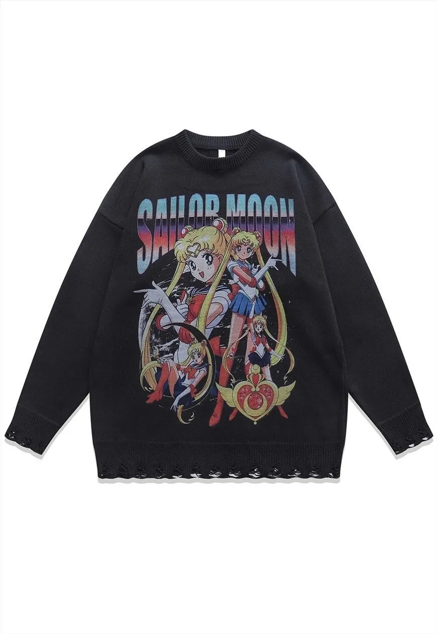 Anime sweater knitted distressed jumper beige