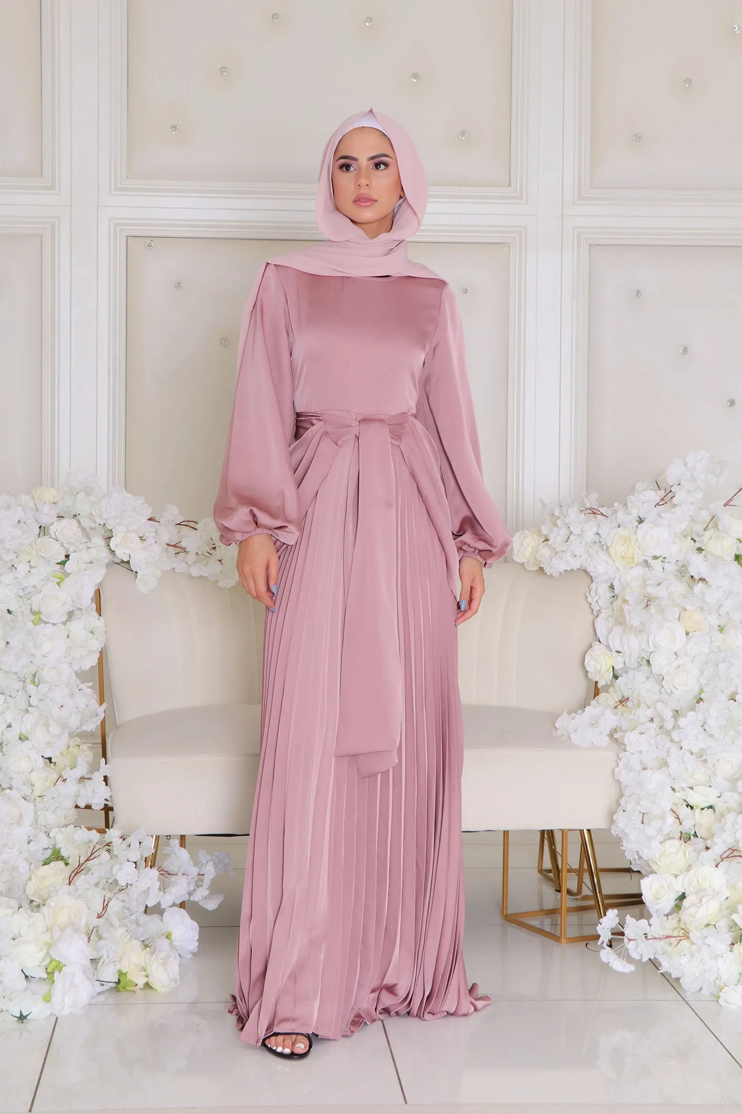 Athena Pleat Satin Dress- Rose Pink