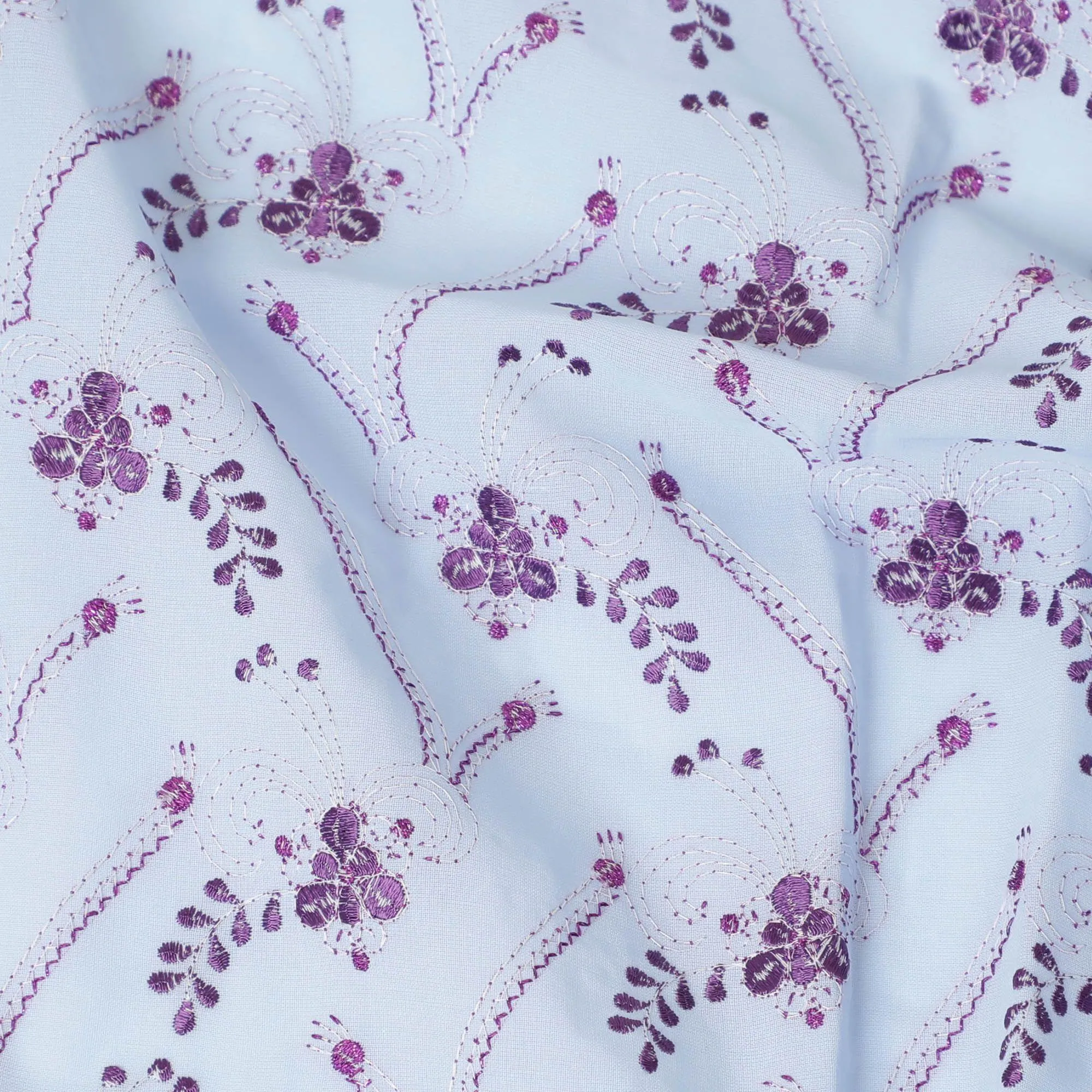 Baby blue Premium 100% Swiss cotton voile (Sudanese Thobe) fabric with purple and silver embrodiery in floral design-D13522