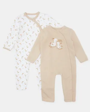 Baby White And Beige Printed Romper Set (Pack of 2)