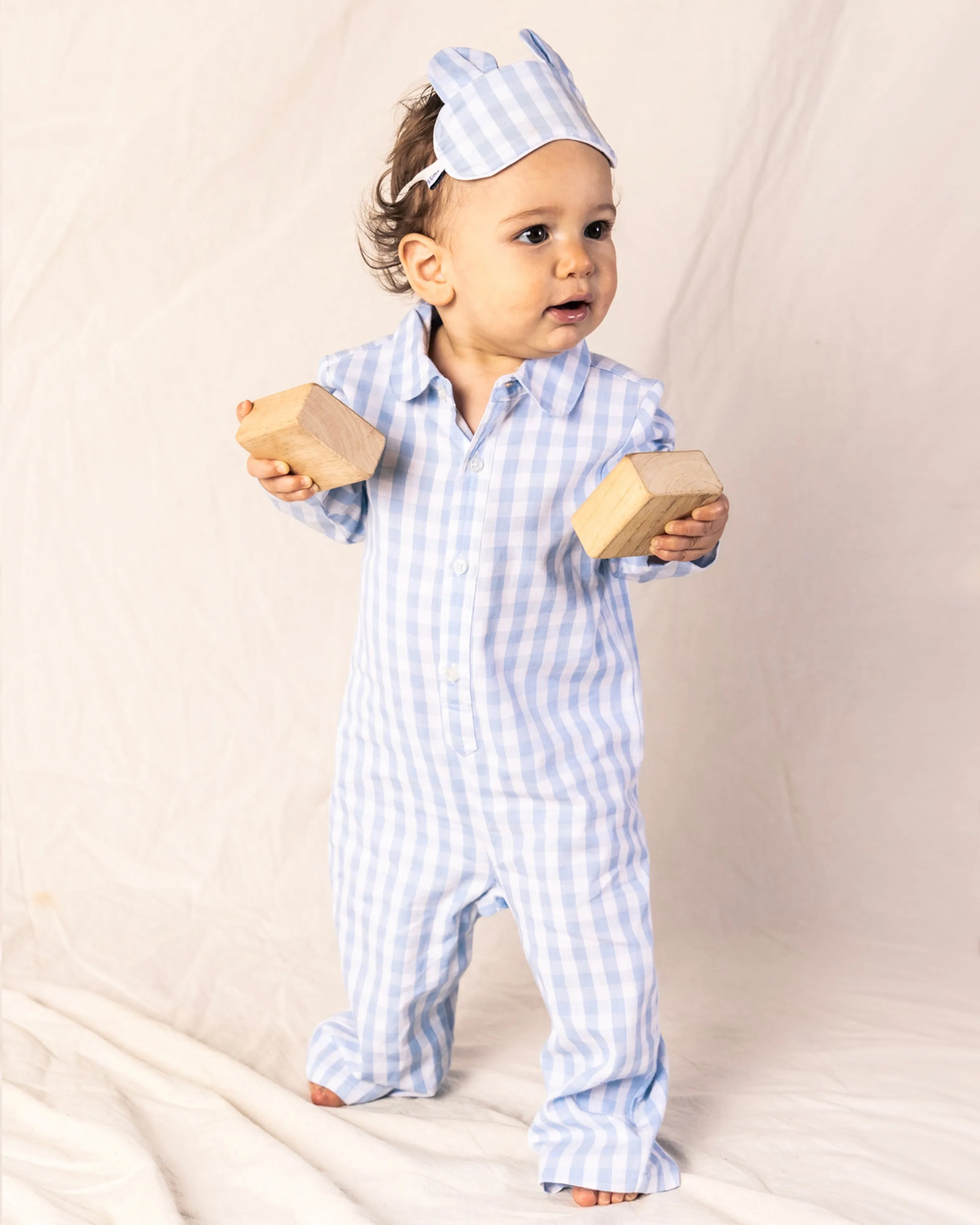 Baby's Light Blue Gingham Classic Romper & Cashmere Blanket Gift Set