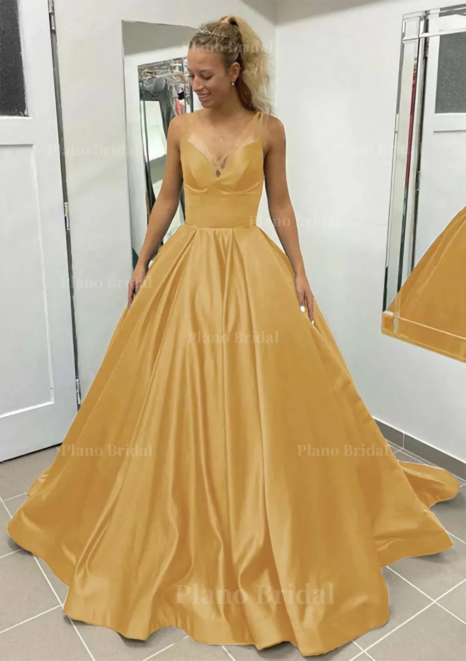 Ball Gown Sleeveless Scalloped Neck Sweep Train Satin Prom Dress With Pleated Pockets