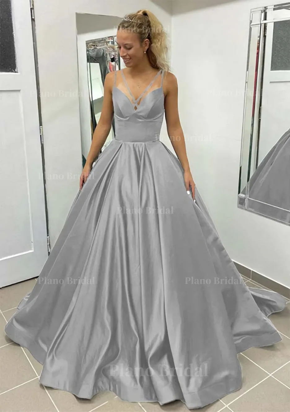 Ball Gown Sleeveless Scalloped Neck Sweep Train Satin Prom Dress With Pleated Pockets