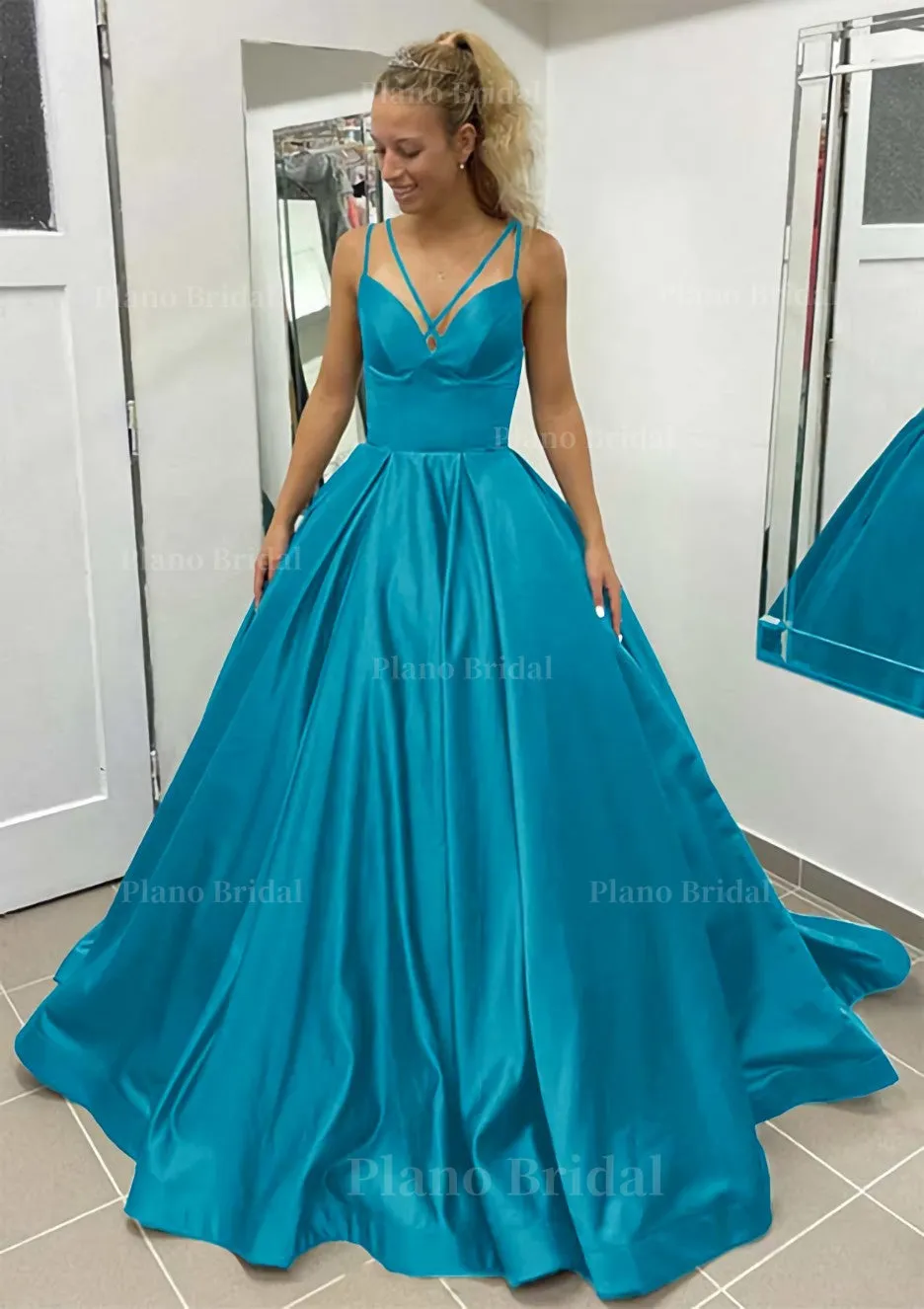 Ball Gown Sleeveless Scalloped Neck Sweep Train Satin Prom Dress With Pleated Pockets