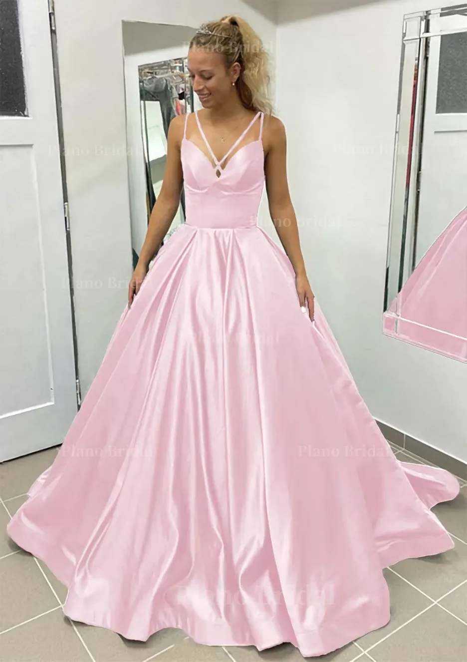 Ball Gown Sleeveless Scalloped Neck Sweep Train Satin Prom Dress With Pleated Pockets