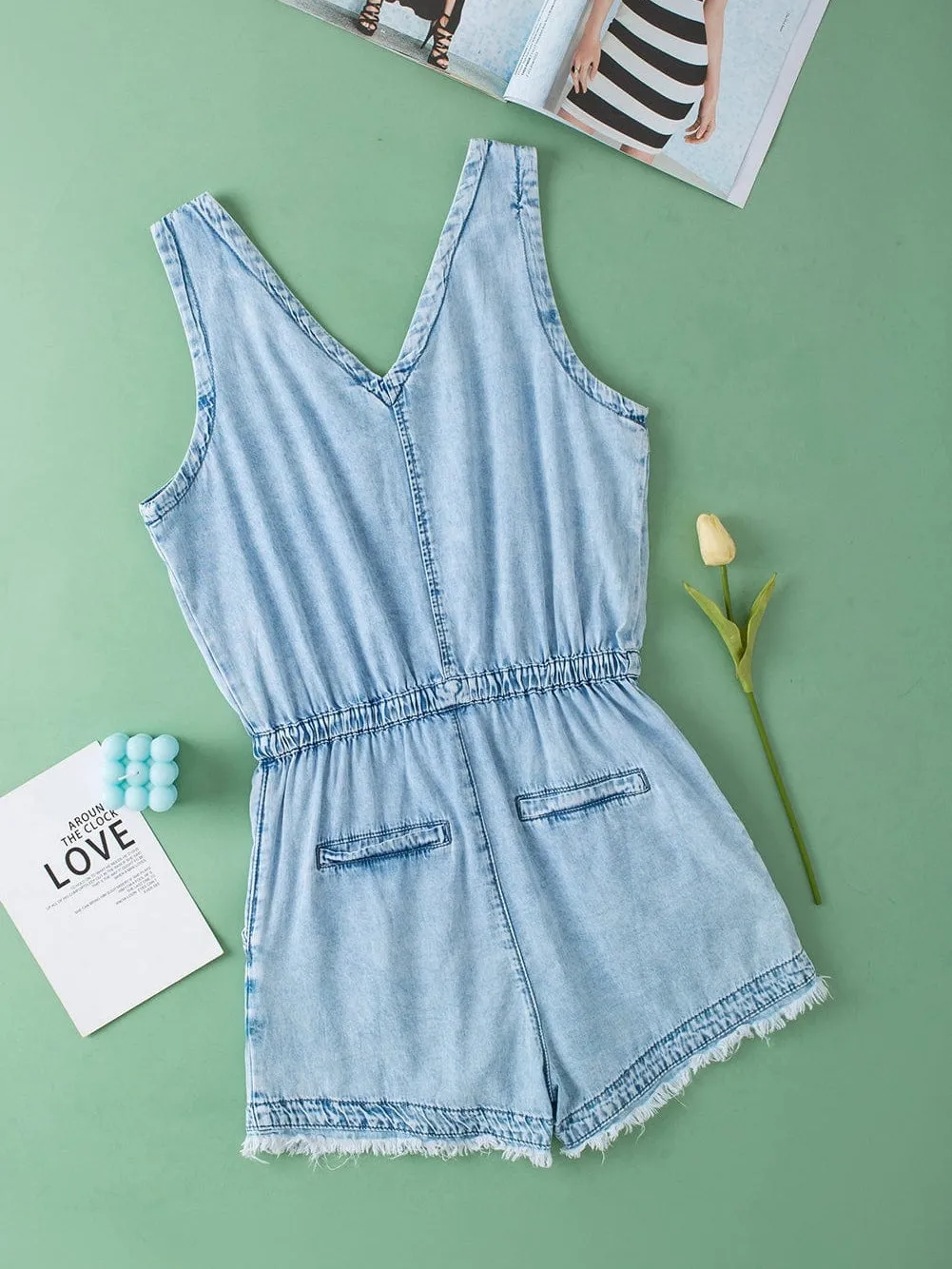 Beau Blue Sleeveless Denim Romper with Studded V Neck & Raw Hem