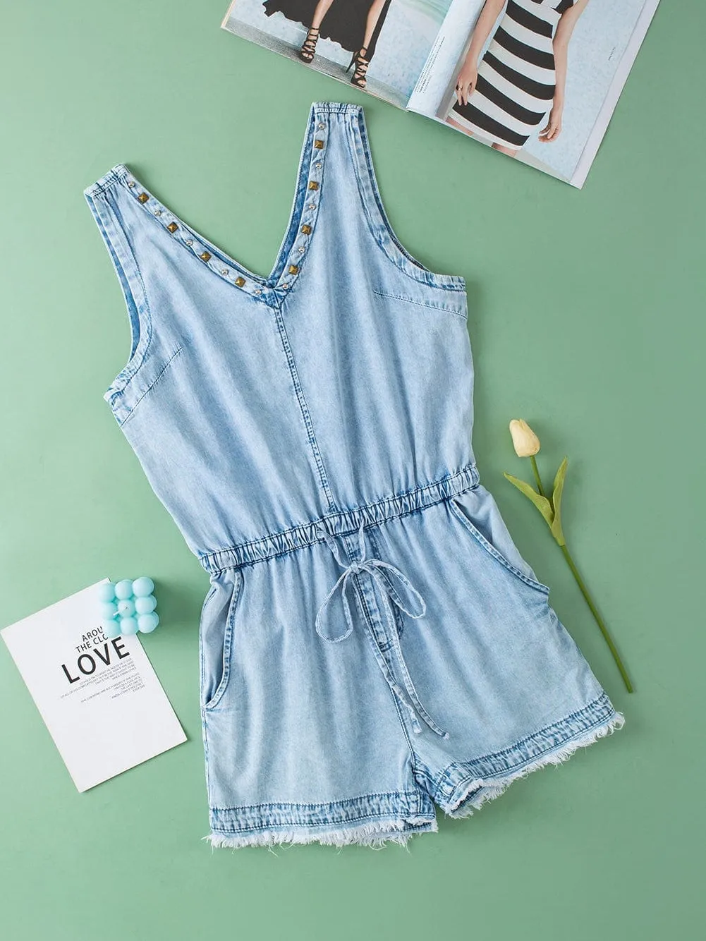 Beau Blue Sleeveless Denim Romper with Studded V Neck & Raw Hem