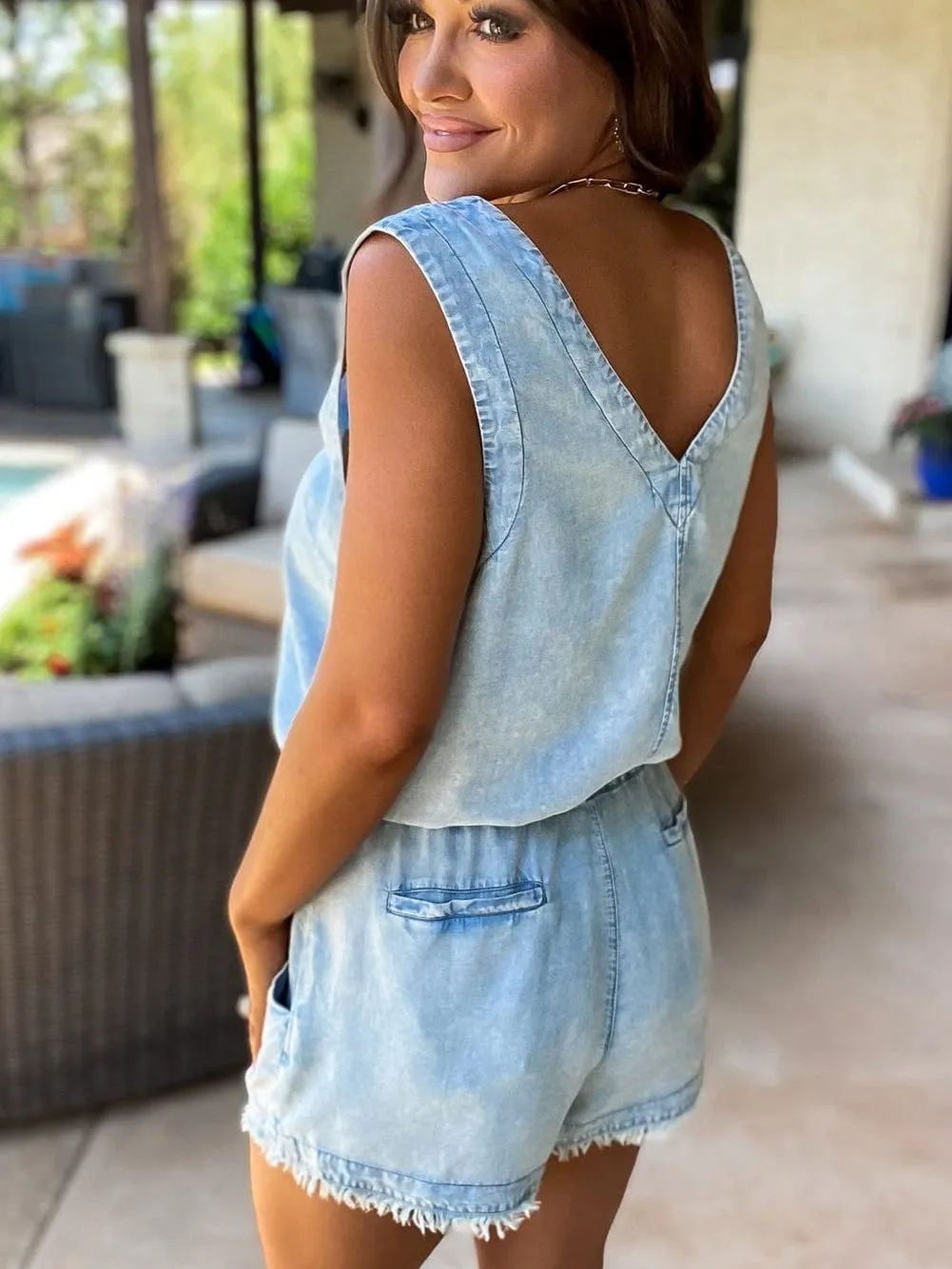 Beau Blue Sleeveless Denim Romper with Studded V Neck & Raw Hem