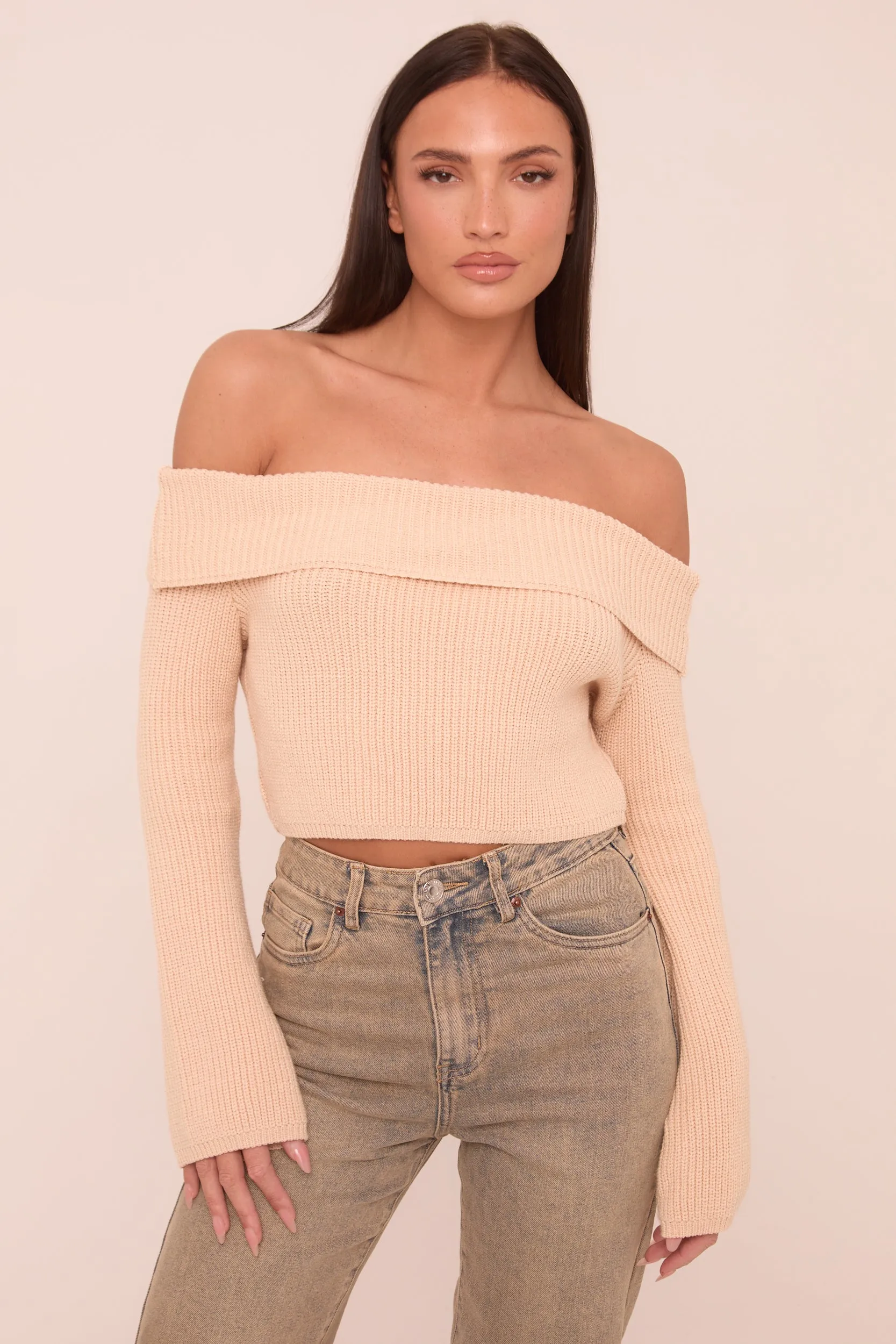 Beige Knit Bardot Long sleeves Cropped Jumper Top - Roberta