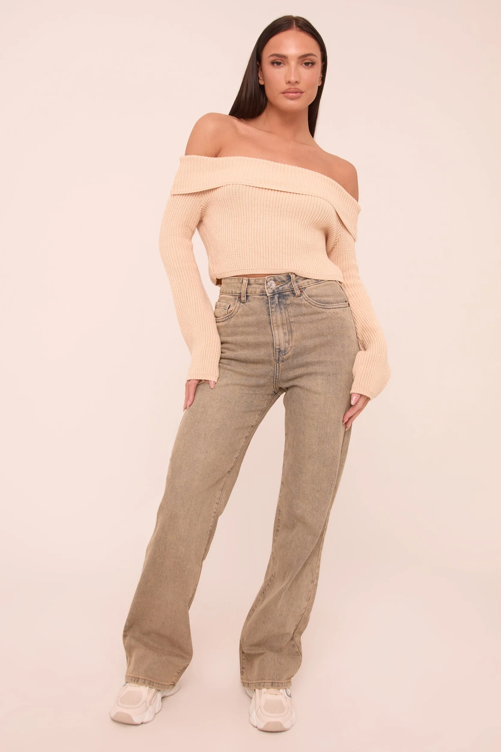 Beige Knit Bardot Long sleeves Cropped Jumper Top - Roberta