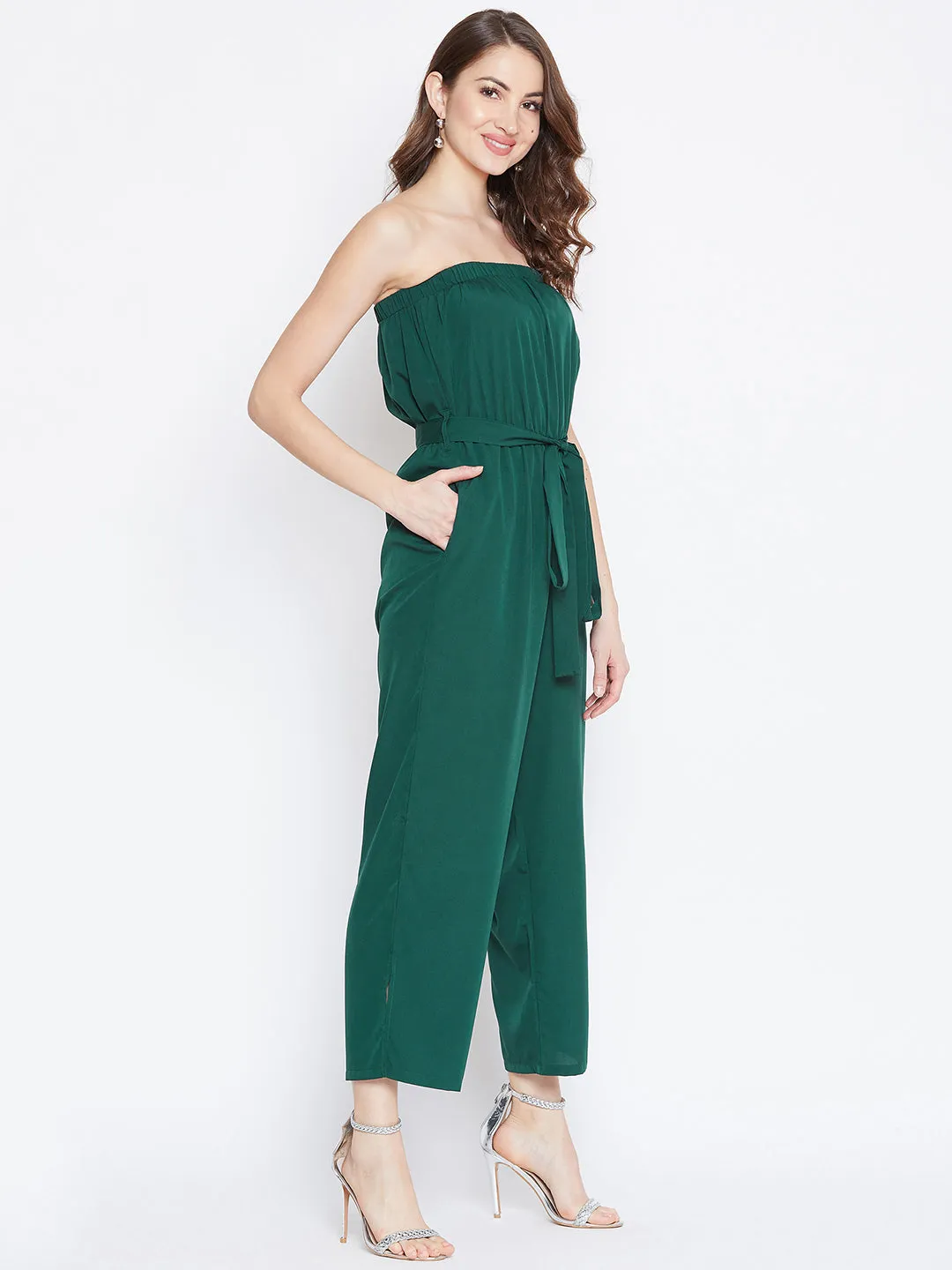 Berrylush Women Solid Green Off-Shoulder Sleeveless Waist Tie-Up Jumpsuit