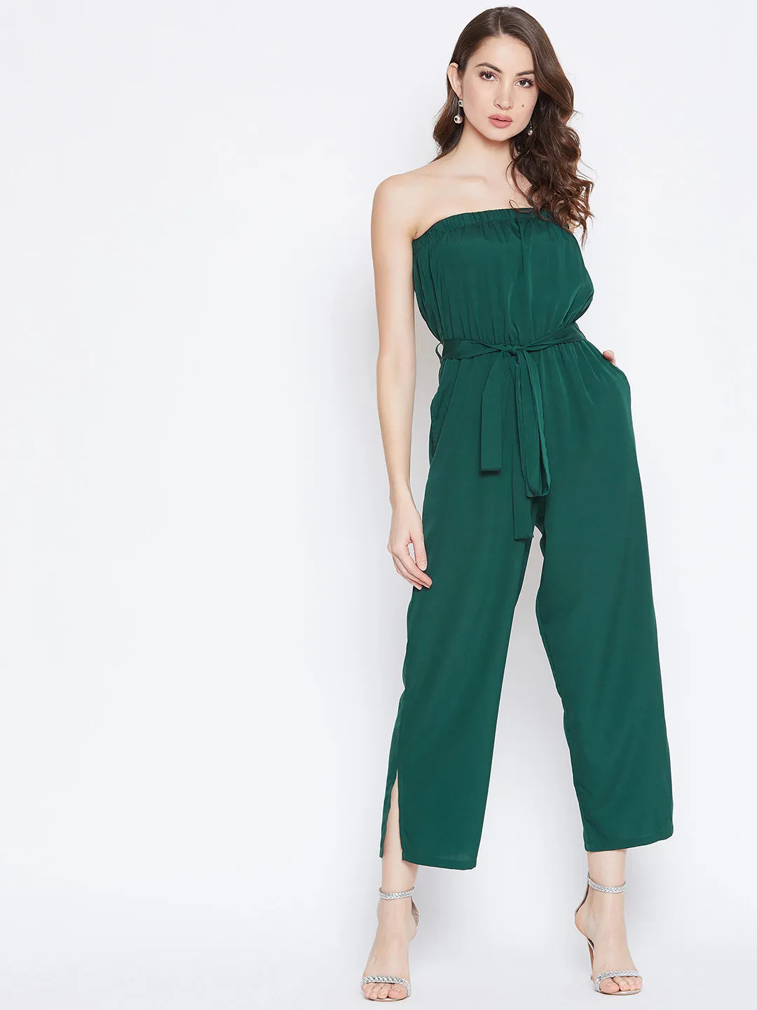 Berrylush Women Solid Green Off-Shoulder Sleeveless Waist Tie-Up Jumpsuit