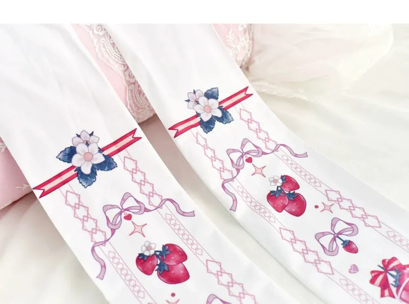 (BFM)Wuxiaoliu~Sweet Lolita Tights Strawberry Bow Printing White Pantyhose