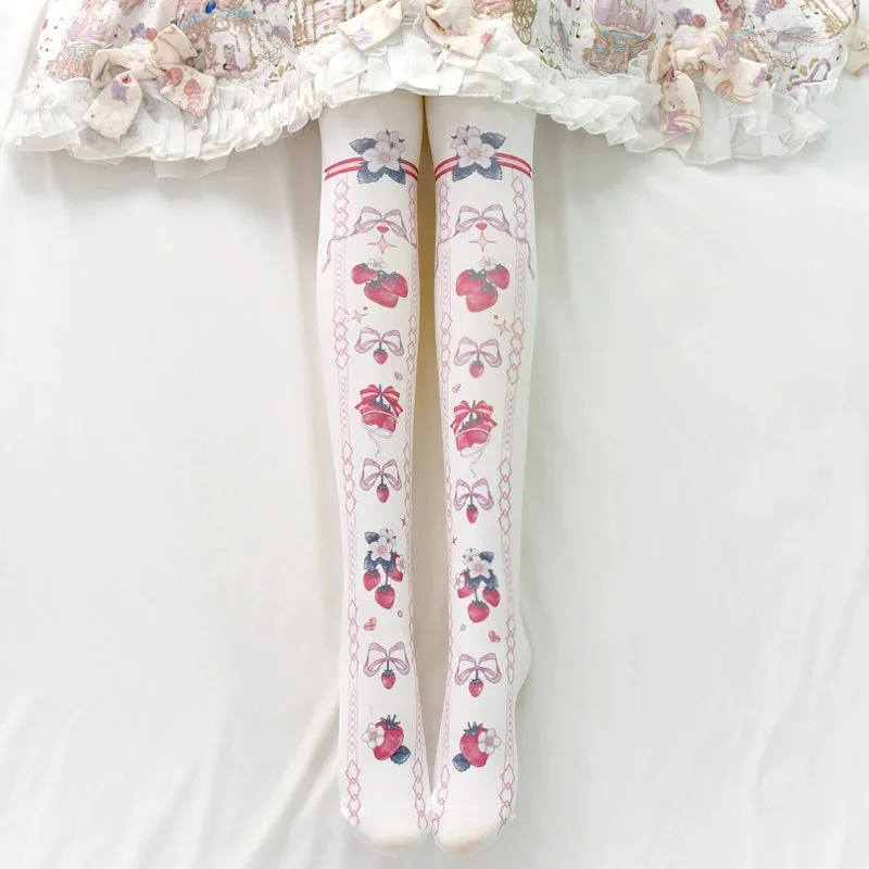 (BFM)Wuxiaoliu~Sweet Lolita Tights Strawberry Bow Printing White Pantyhose