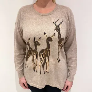 Biscuit Brown Deer Design Cashmere Crew Neck Jumper Large