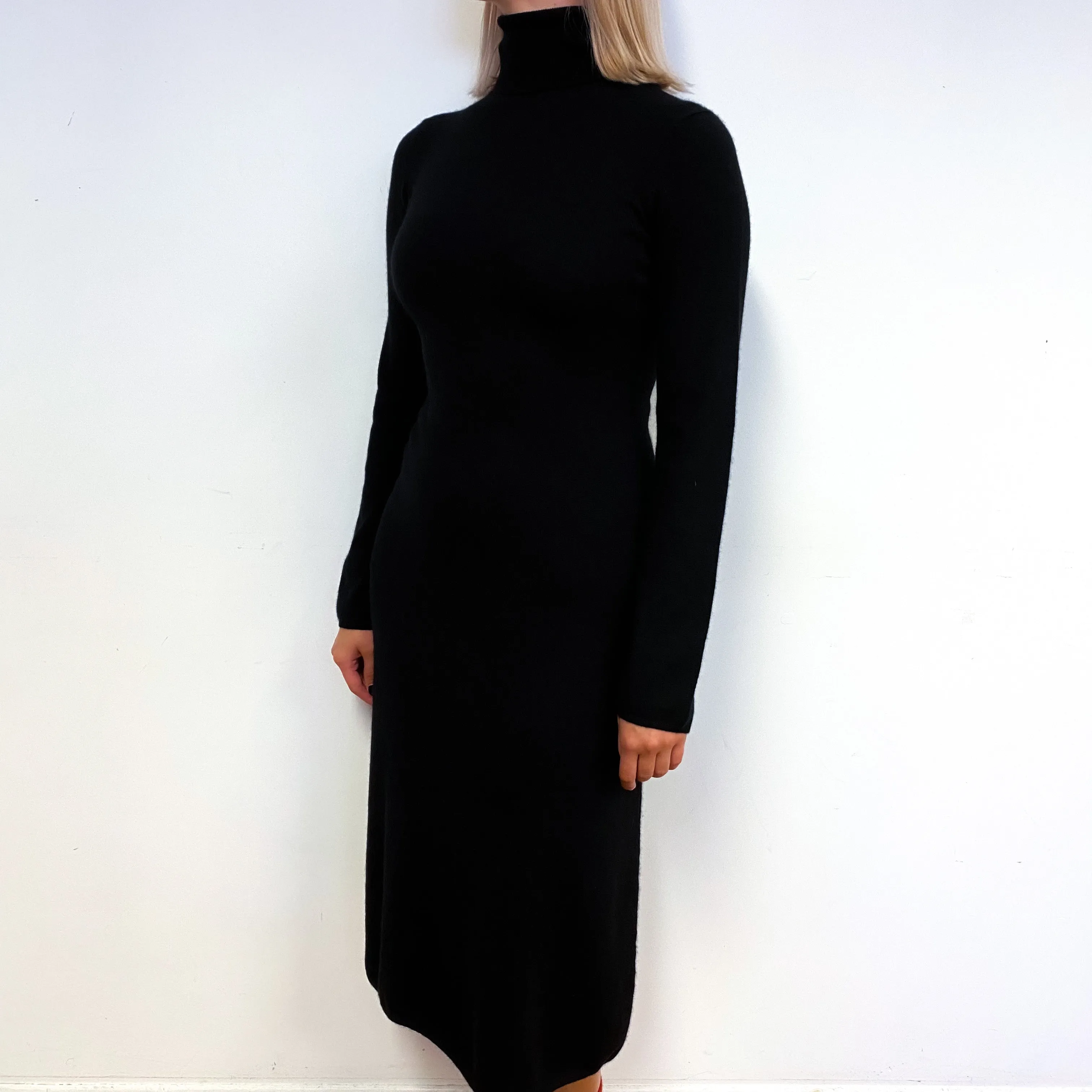 Black Long Cashmere Polo Neck Dress Small