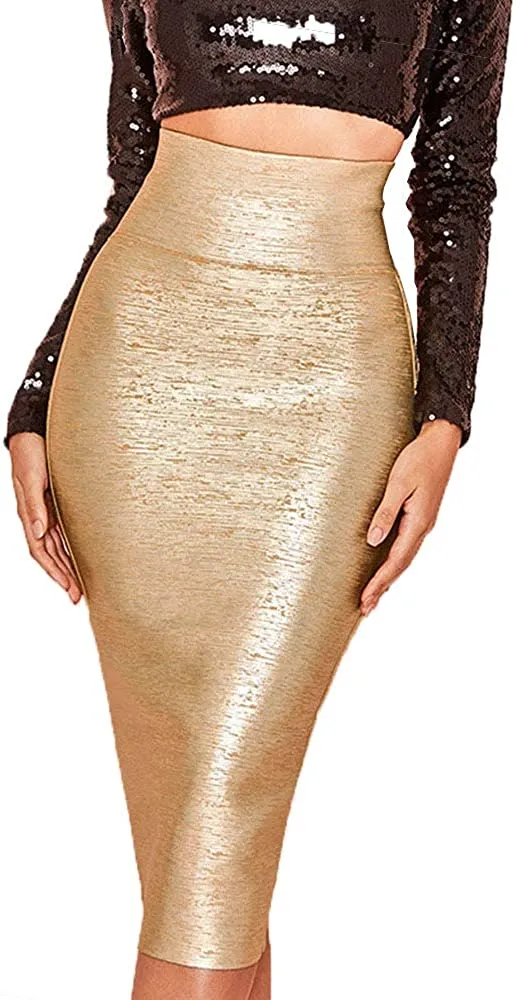 Black Metallic High Waist Bandage Pencil Skirt