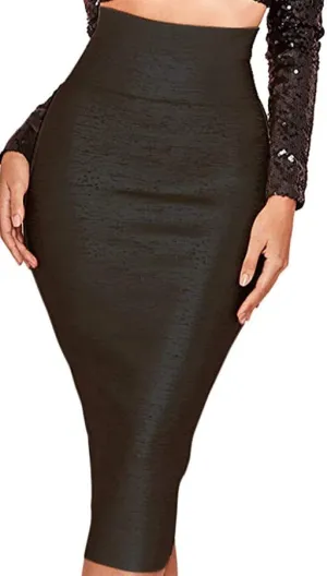 Black Metallic High Waist Bandage Pencil Skirt