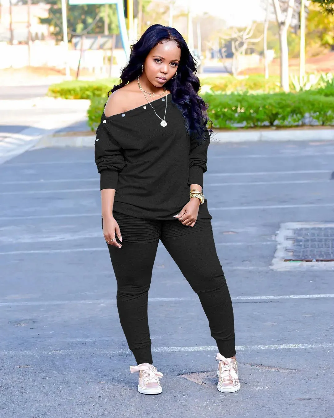 Black Plus Off The Shoulder 2 Piece Tunic & Leggings Set