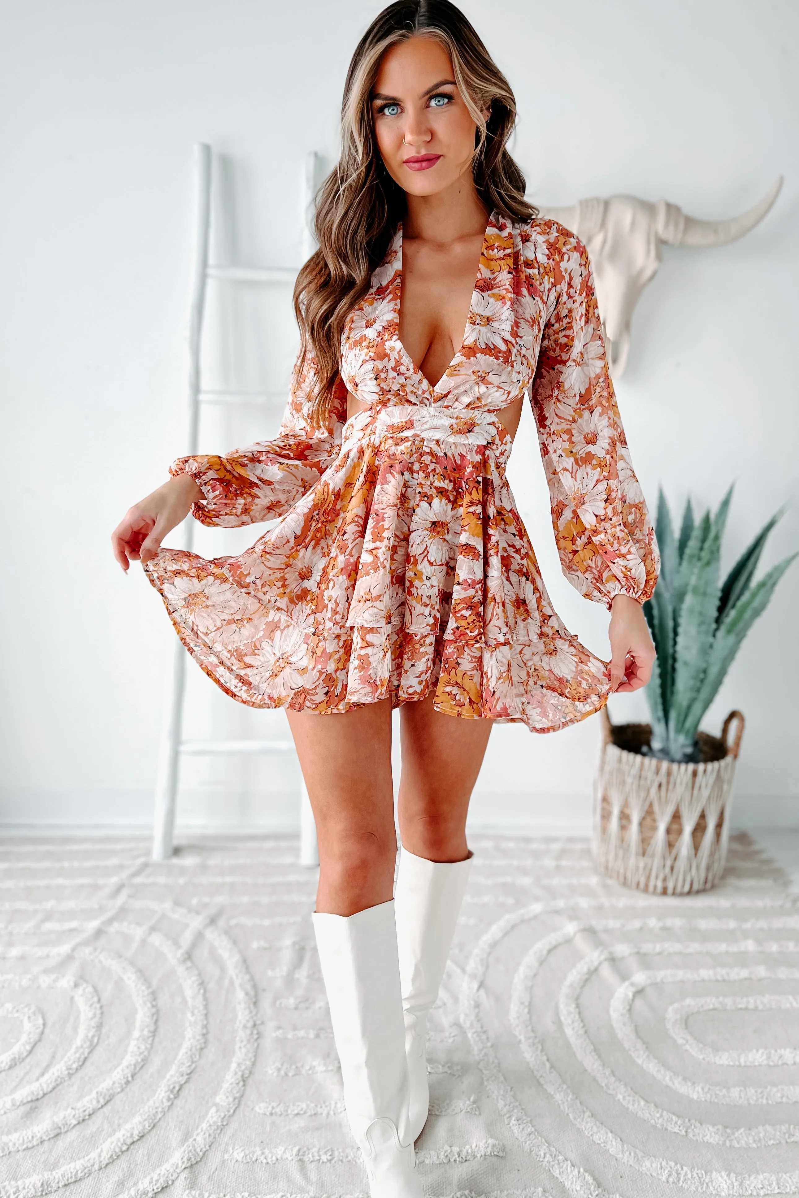 Blooming Sensation Ruffled Floral Romper (Rust)