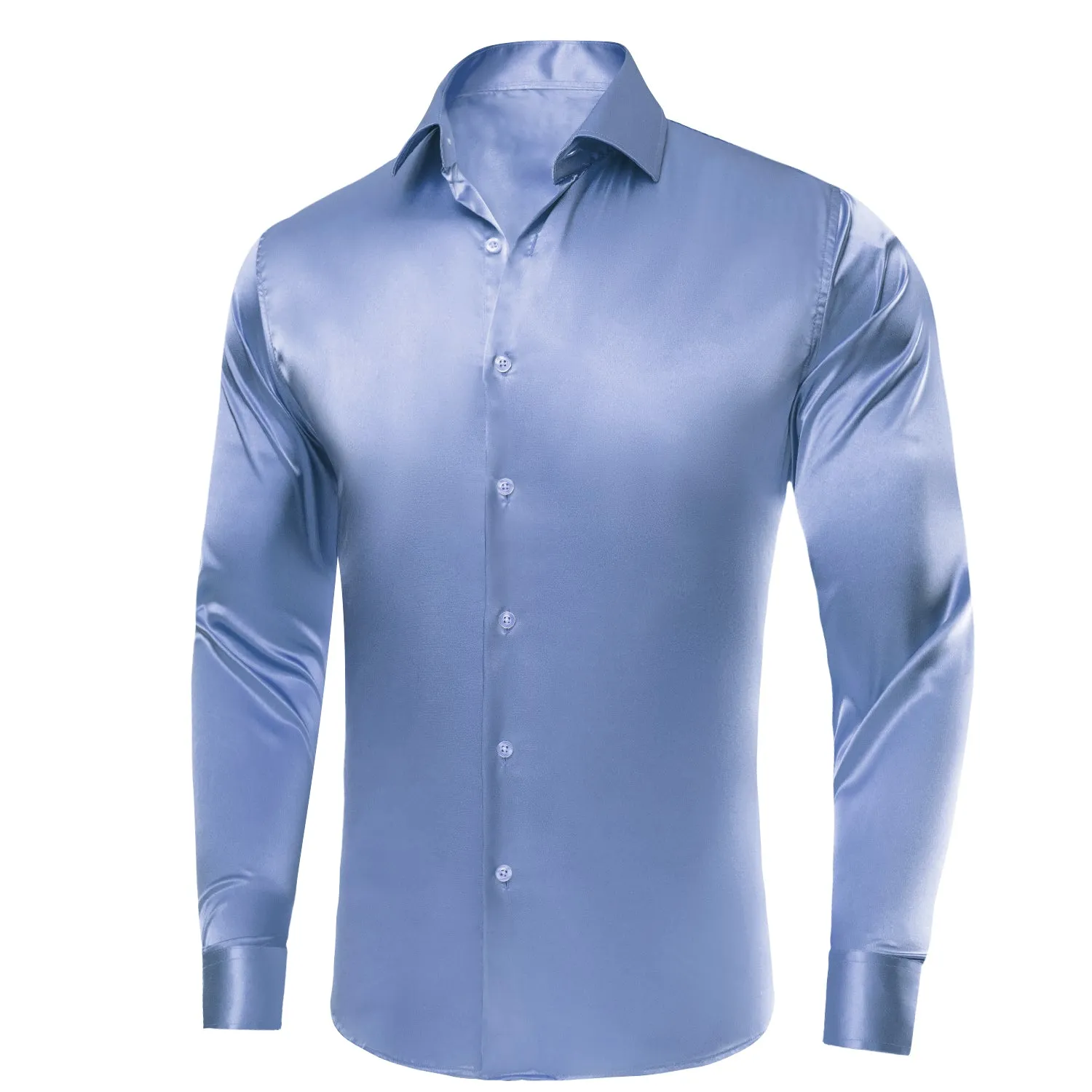 Blue Solid Satin Silk Men's Long Sleeve Dress Shirt