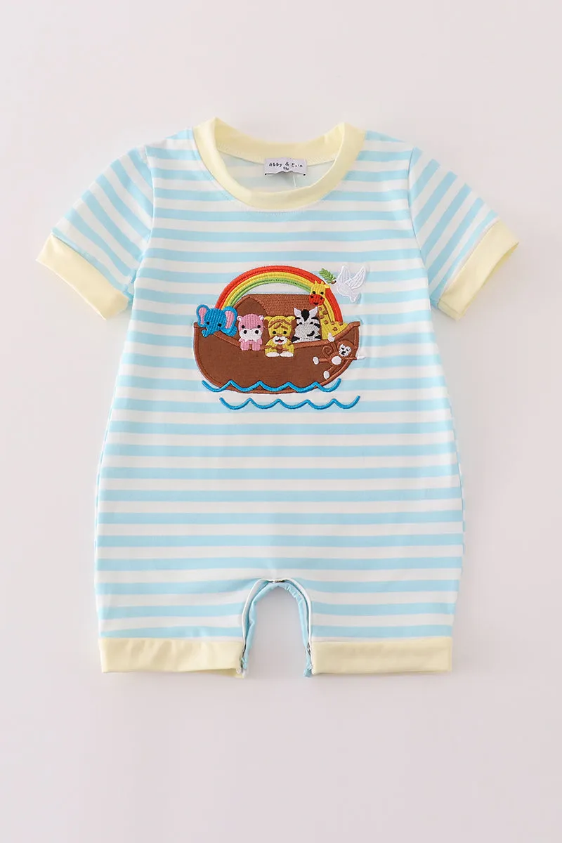 Blue stripe noah's ark applique boy romper