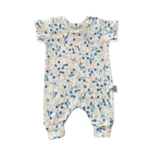 Blue Tone Dainty Flowers on White Ribbed Harem Romper