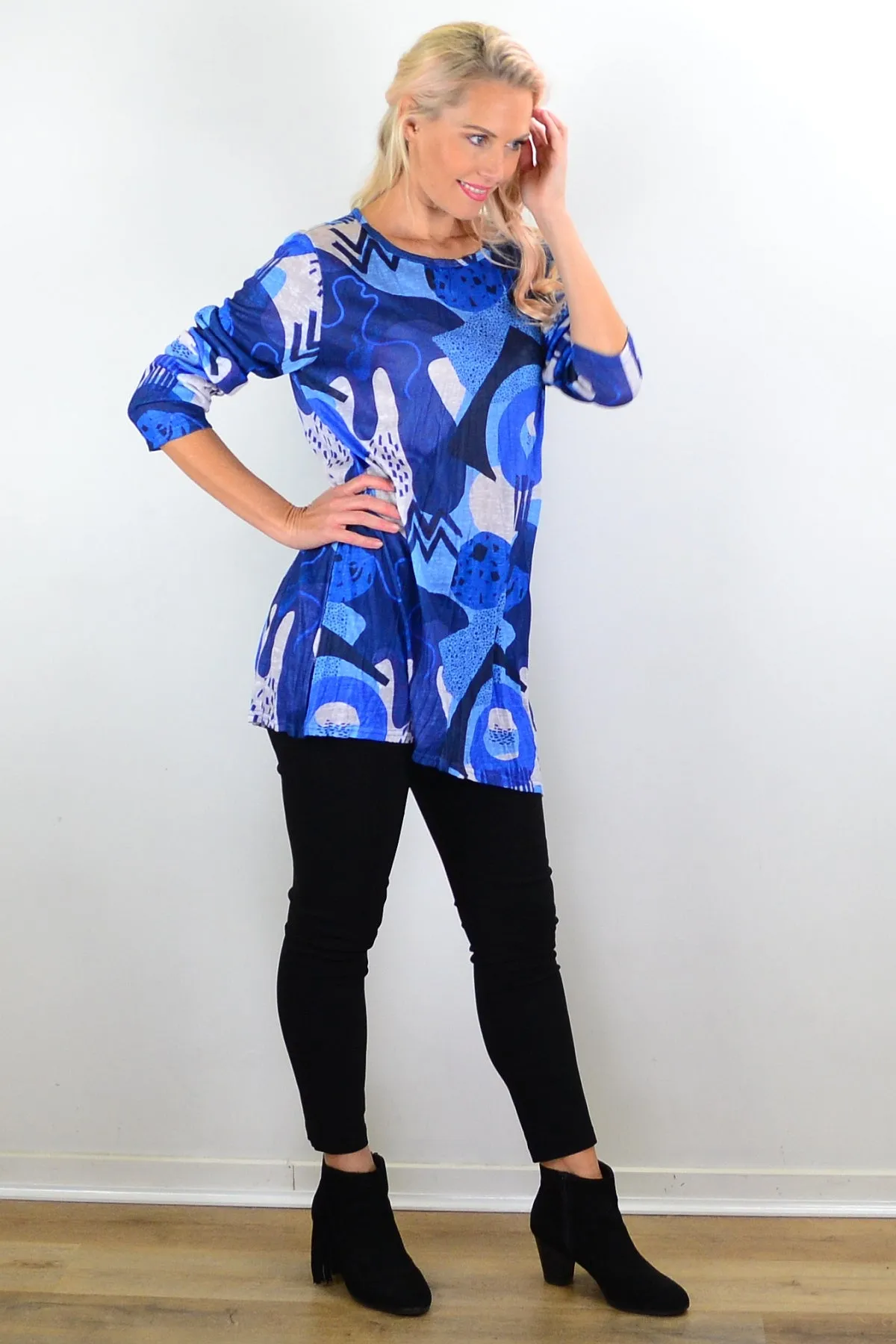 Blue Water Print Crinkle Tunic Top