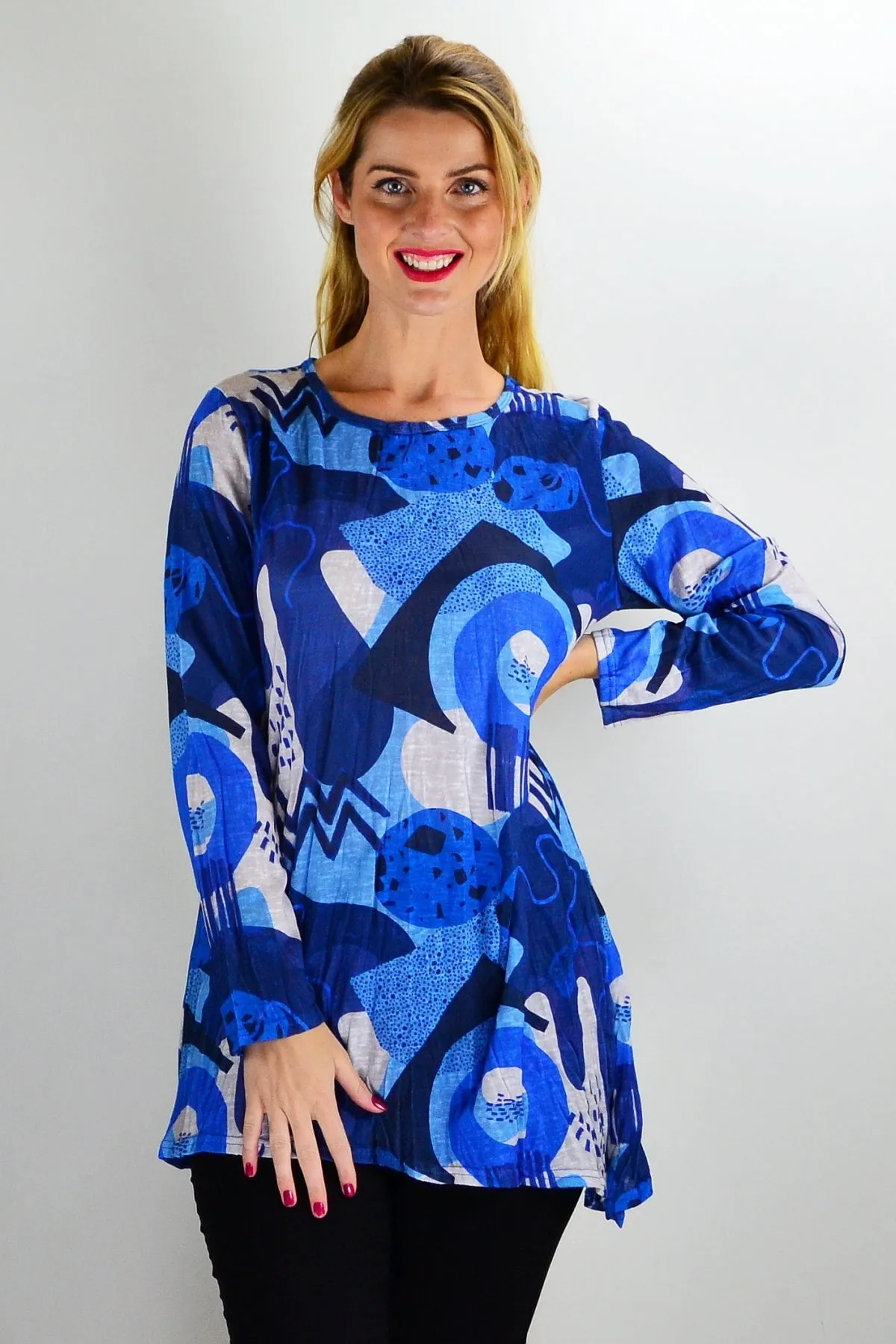 Blue Water Print Crinkle Tunic Top