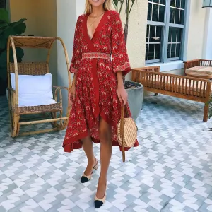 Boho Floral Wrap Midi Dress