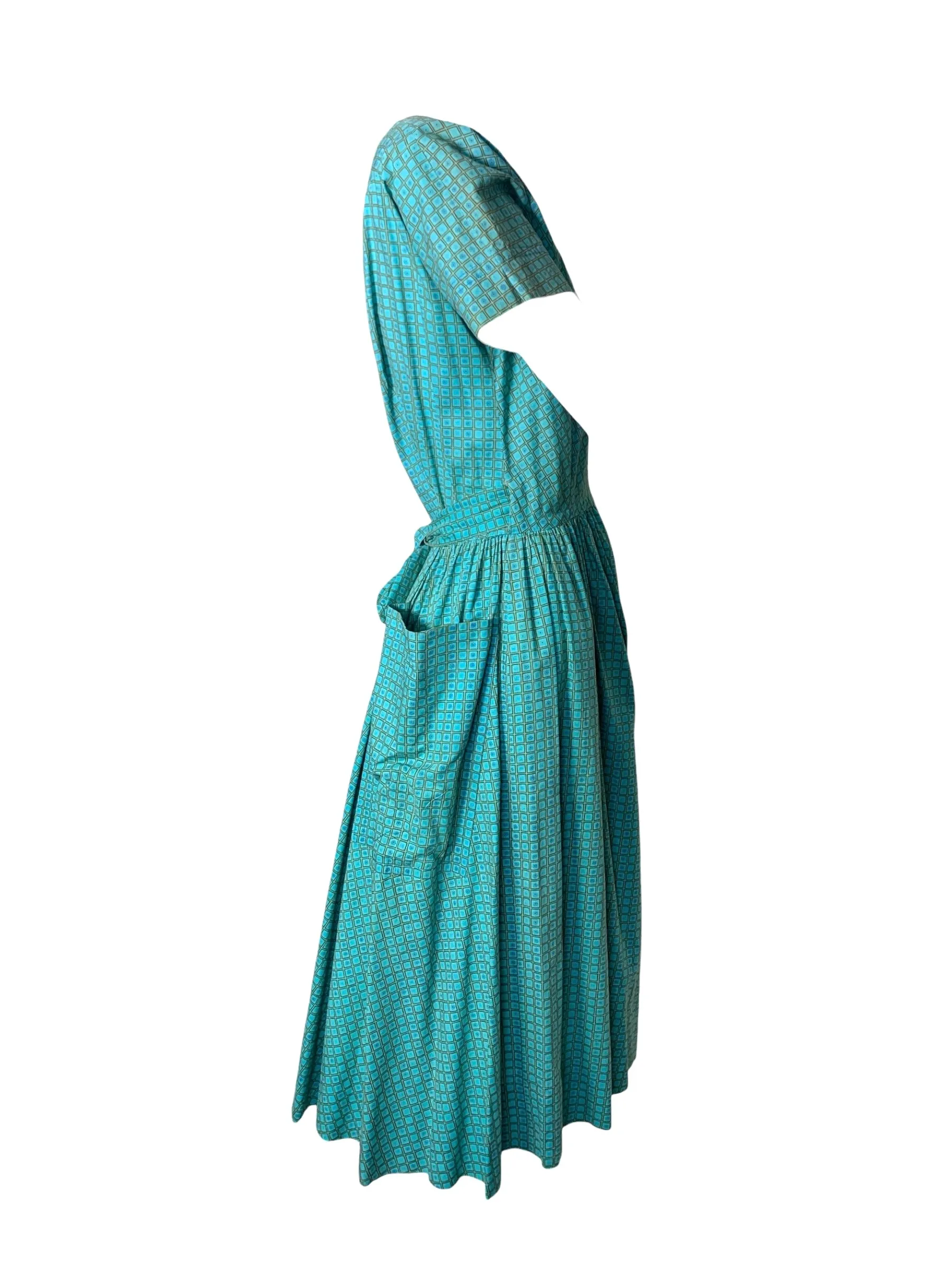 Bonnie Cashin 1940's Teal Blue Ditsy Floral Grid Print Wrap Dress