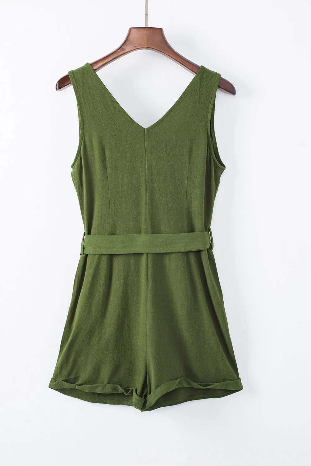 Button V Neck Romper With Belt