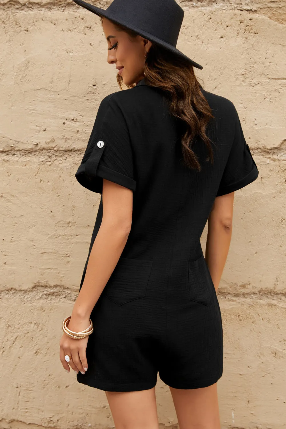 Buttoned Short Sleeve Romper With Pockets