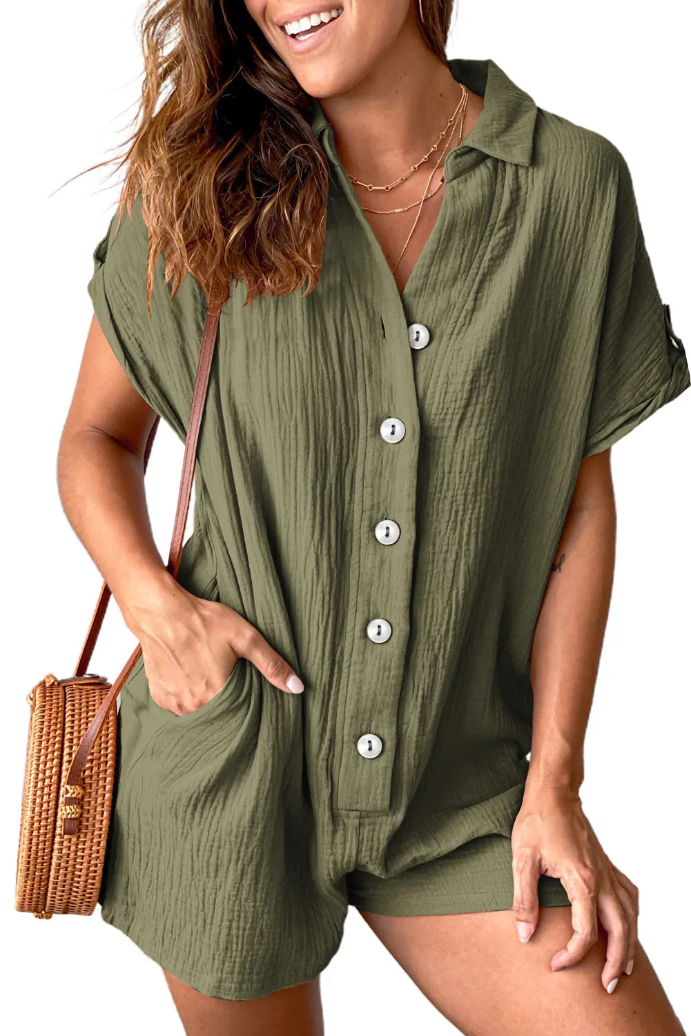 Buttoned Short Sleeve Romper With Pockets