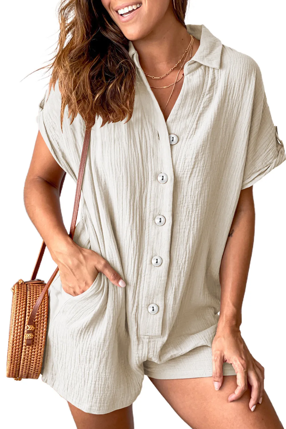 Buttoned Short Sleeve Romper With Pockets