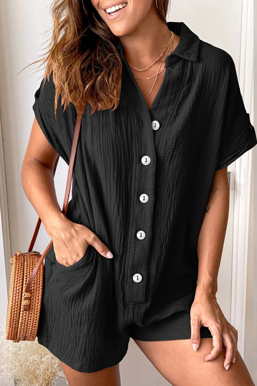 Buttoned Short Sleeve Romper With Pockets